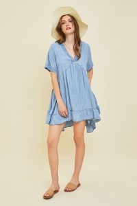 Washed Denim Chambray Mini Dress Flowy A Line