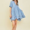 Washed Denim Chambray Mini Dress Flowy A Line