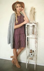 Stretchy Stripe Mini Dress: Ribbed Knit Round Neck